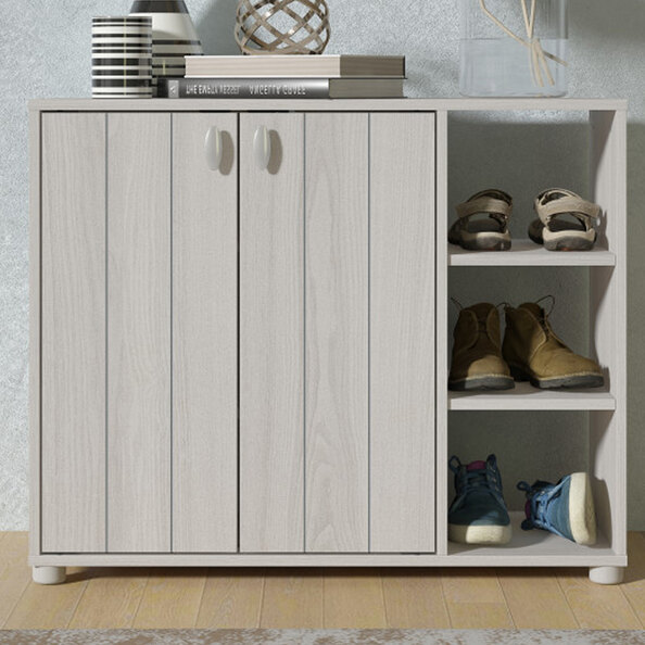 Barrie Wide Wooden Shoe Storage Cabinet In Warm Grey Oak