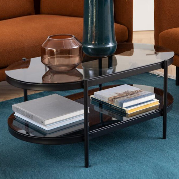 Baryon Smoked Glass Oval Coffee Table With Black Metal Frame