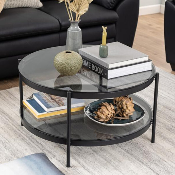 Baryon Smoked Glass Round Coffee Table With Black Metal Frame