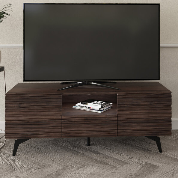 Basalt Wooden TV Stand With 2 Doors 1 Drawer In Dark Walnut