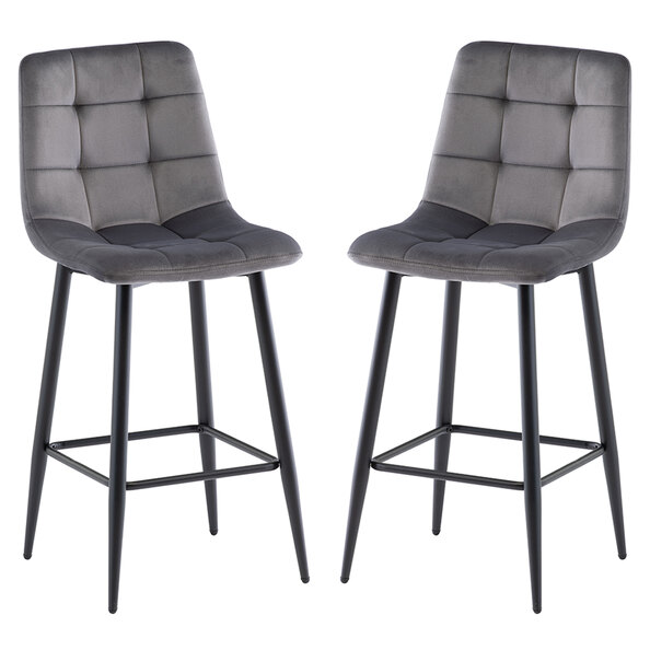 Basia Grey Velvet Counter Bar Stools with Black Metal Legs in Pair