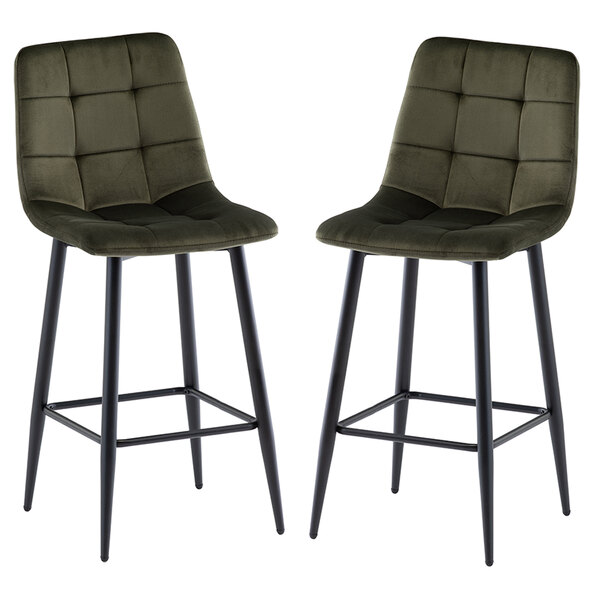 Basia Juniper Green Velvet Counter Bar Stools with Black Metal Legs in Pair