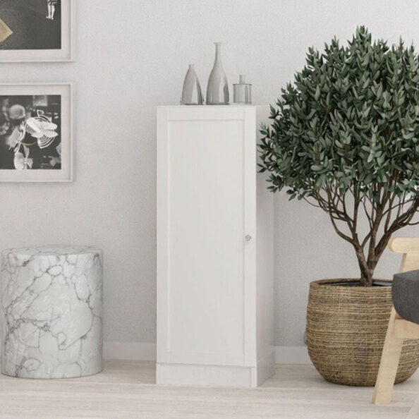 Baskon Low Narrow Wooden Storage Cabinet with 1 Door in White