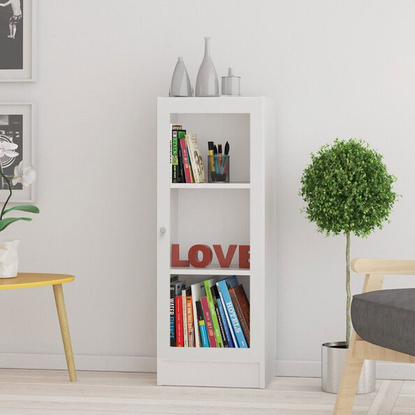 Baskon Low Narrow Wooden Storage Cabinet with 1 Glass Door in White