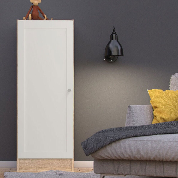 Baskon Low Narrow Wooden Storage Cabinet with 1 White Door in Oak
