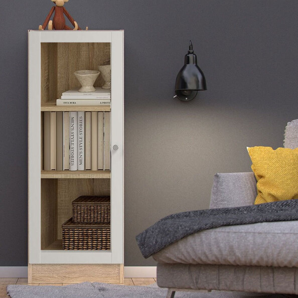 Baskon Low Narrow Wooden Storage Cabinet with 1 White Glass Door in Oak