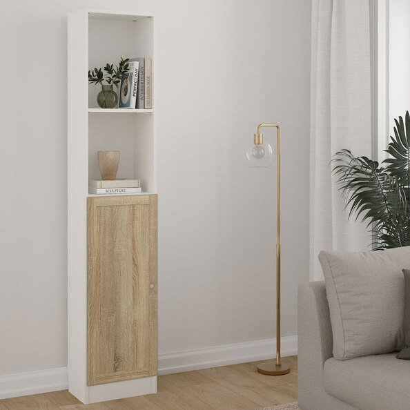 Baskon Tall Narrow Wooden Bookcase in White and Oak