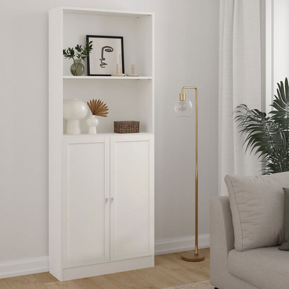 Baskon Tall Wide Wooden Bookcase with 2 Doors in White