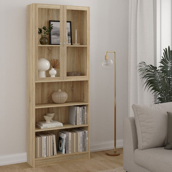 Baskon Tall Wide Wooden Display Cabinet with 2 Glass Doors in Oak