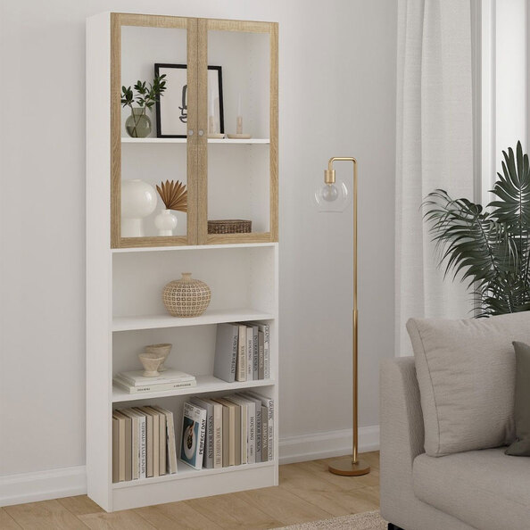 Baskon Tall Wide Wooden Display Cabinet with 2 Oak Glass Doors in White