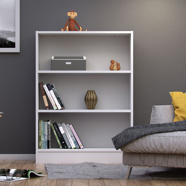 Baskon Wide Wooden Bookcase With 3 Shelves In White