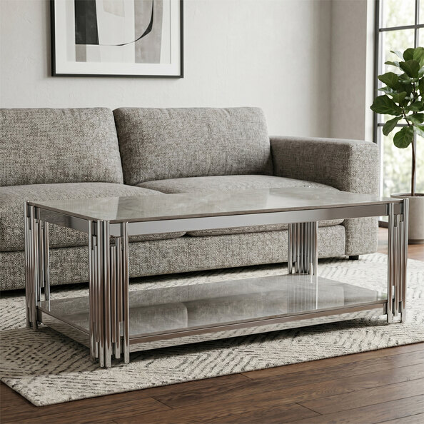 Bastia Grey Sintered Stone Top Coffee Table With Chrome Stainless Steel Frame