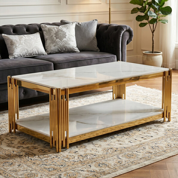 Bastia Grey Sintered Stone Top Coffee Table With Gold Stainless Steel Frame