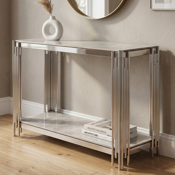 Bastia Grey Sintered Stone Top Console Table With Chrome Stainless Steel Frame