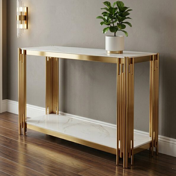 Bastia Grey Sintered Stone Top Console Table With Gold Stainless Steel Frame
