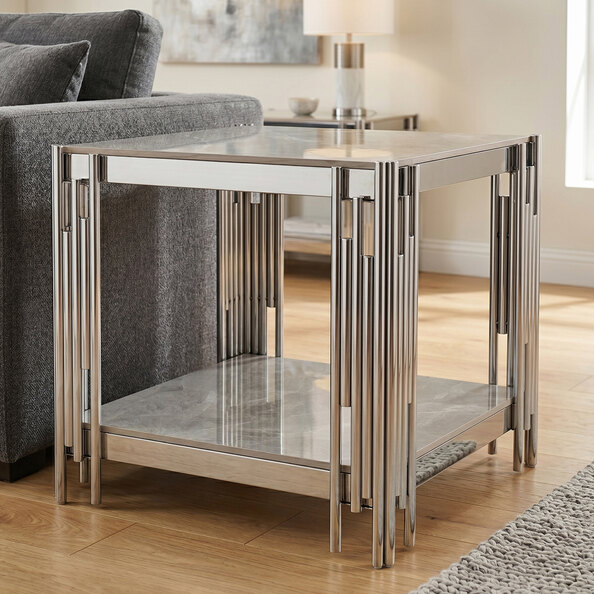 Bastia Grey Sintered Stone Top End Table With Chrome Stainless Steel Frame