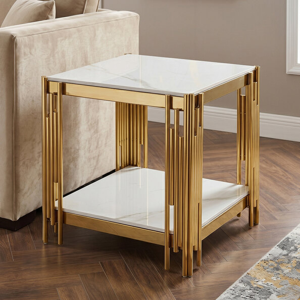 Bastia Grey Sintered Stone Top End Table With Gold Stainless Steel Frame