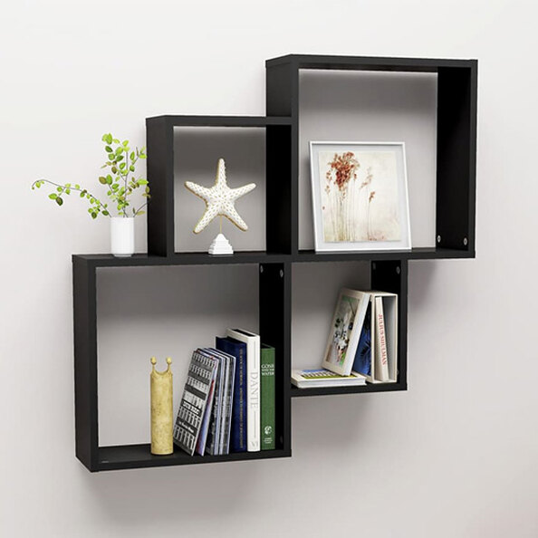 Bazyli Wooden Cube Wall Shelf In Black