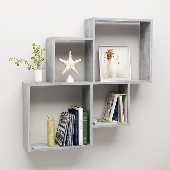 Bazyli Wooden Cube Wall Shelf In Concrete Effect