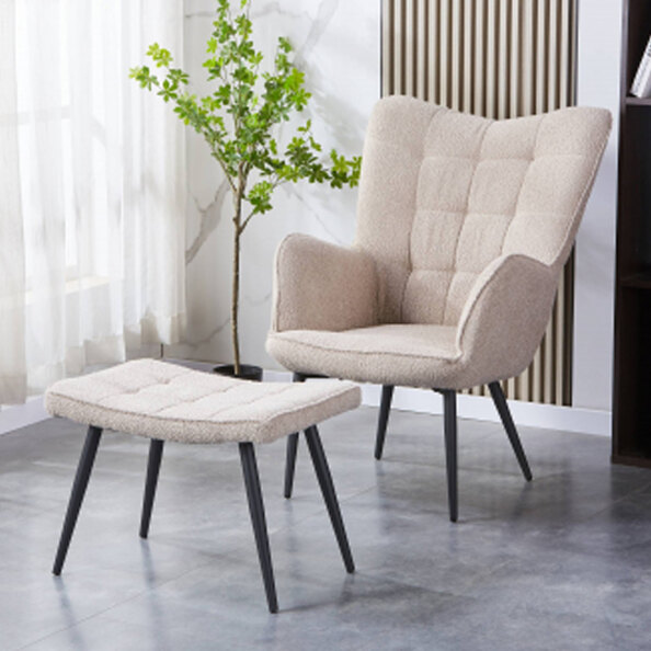 Beckett Boucle Fabric Armchair with Footstool in Light Brown