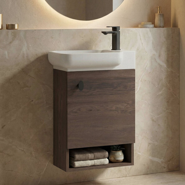Begonya Wooden Wall Mounted Vanity Unit in Dark Walnut