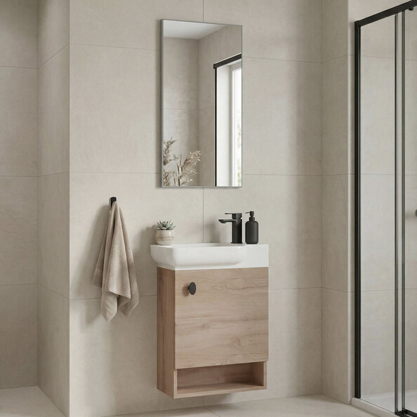 Begonya Wooden Wall Mounted Vanity Unit with Mirror in Oak