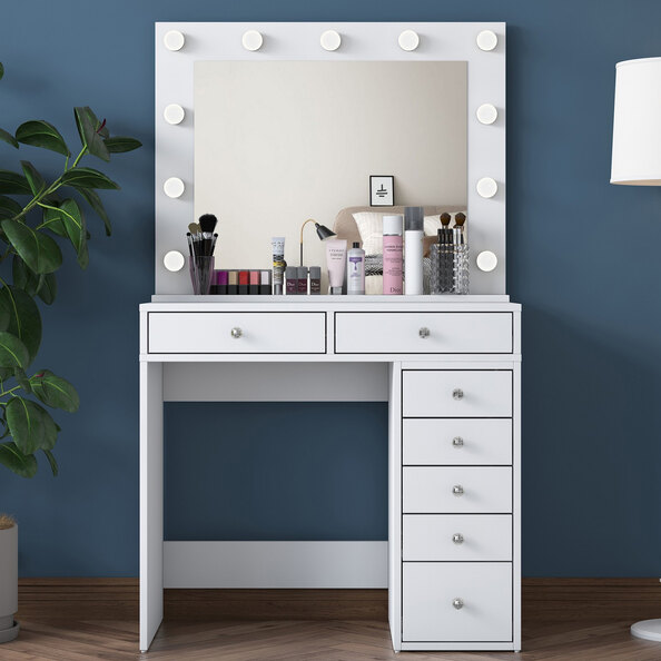 Belara Wooden Dressing Table With Mirror And 7 Drawers In White
