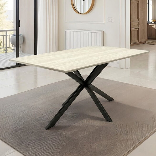 Belize Large Wooden Dining Table in Travertine Marble Effect