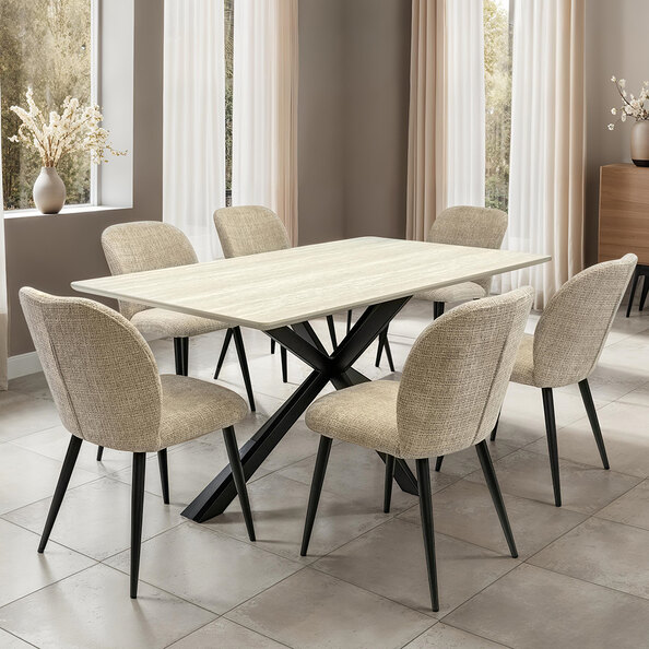 Belize Travertine Marble Effect Large Wooden Dining Table with 6 Neutral Chairs