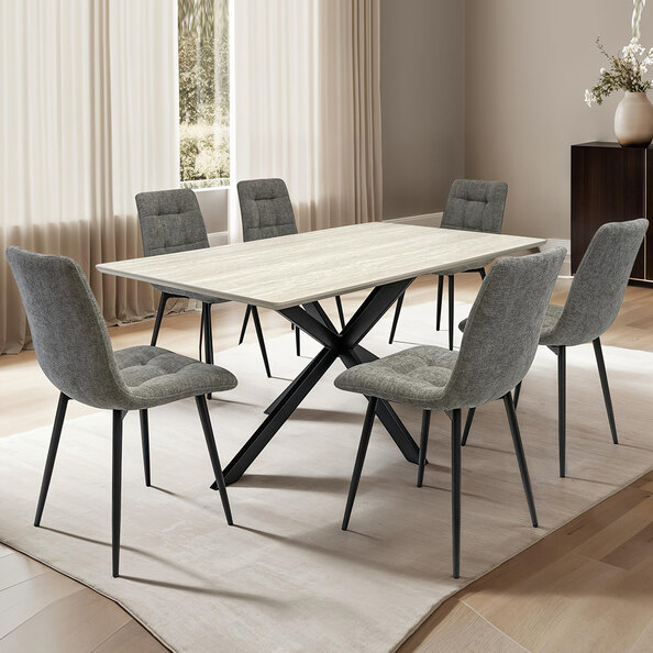 Belize Travertine Marble Effect Large Wooden Dining Table with 6 Neyo Grey Chairs