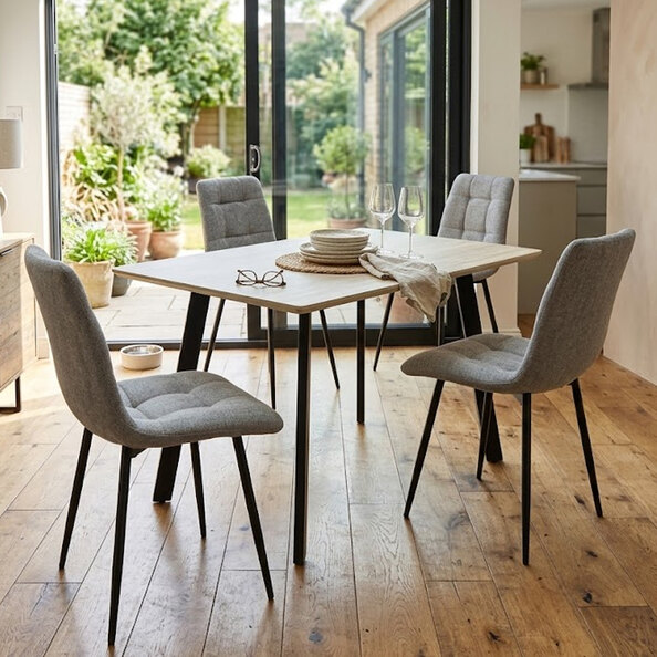 Belize Travertine Marble Effect Small Wooden Dining Table with 4 Neyo Grey Chairs
