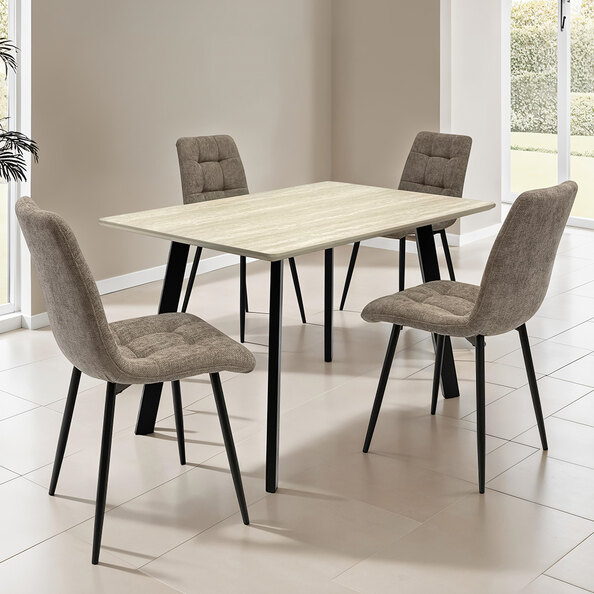 Belize Travertine Marble Effect Small Wooden Dining Table with 4 Neyo Mocha Chairs