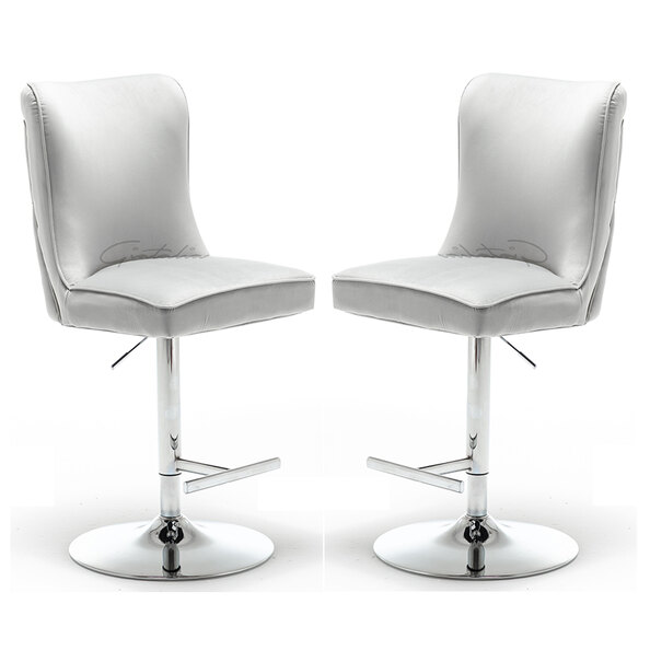 Bellvue Light Grey Velvet Bar Stools With Chrome Base In Pair