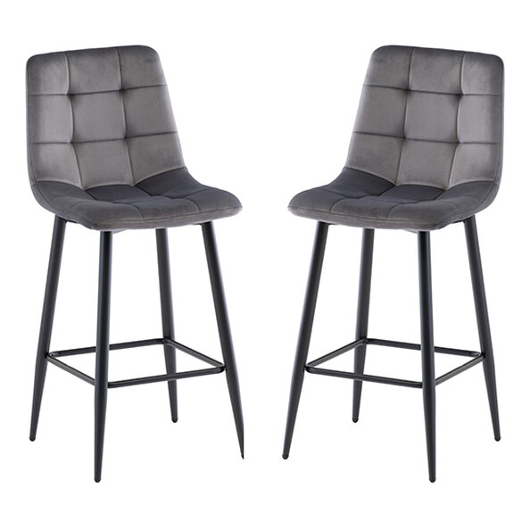Belva Grey Velvet Fabric Counter Bar Stools In Pair