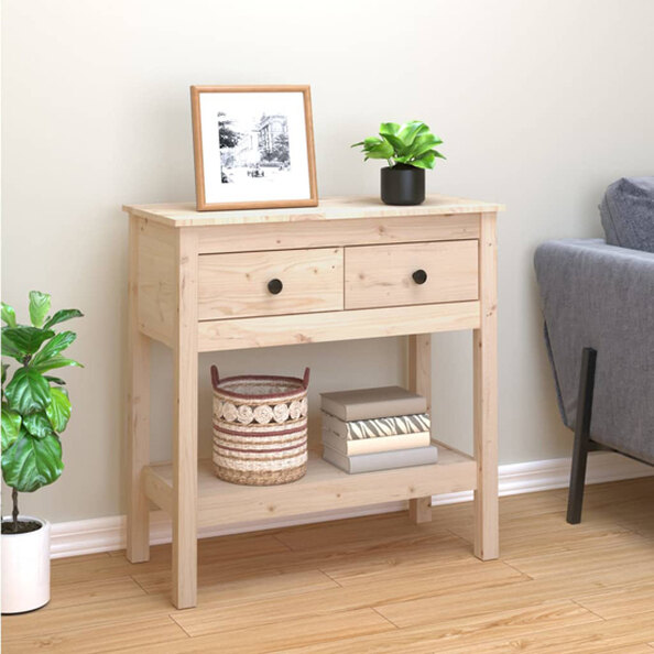 Belva Pine Wood Console Table With 2 Drawers In Natural