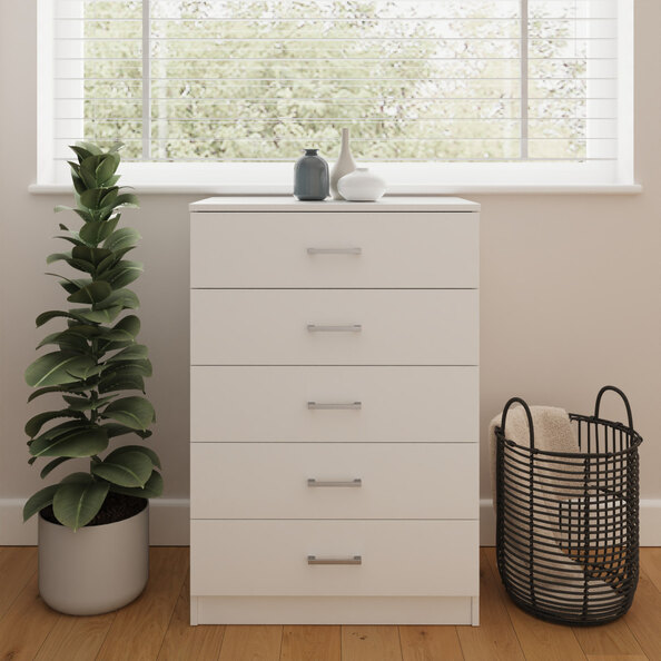 Belvian Tall Wooden Chest Of 5 Drawers in White