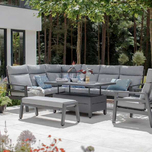 Benoit Aluminium Garden Dining Set With Lounge Chair In Grey