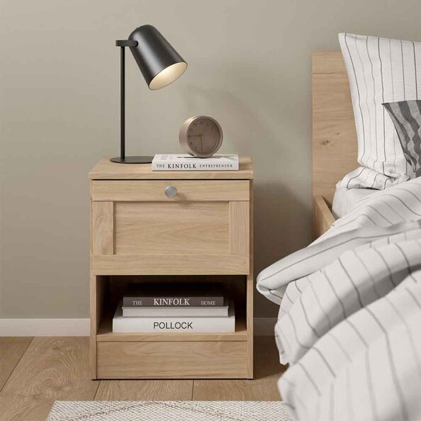 Bensalem Wooden Bedside Cabinet With 1 Drawer In Jackson Hickory