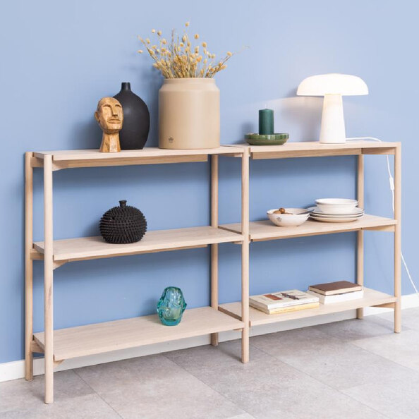 Benson Wide Wooden Bookcase With 4 Shelves In White Oak