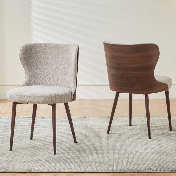 Benvan Walnut and Light Taupe Fabric Dining Chairs in Pair