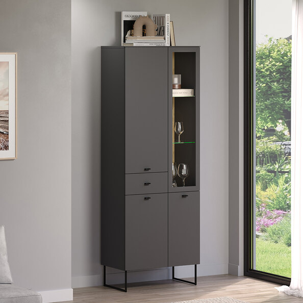 Benvia Wooden Display Cabinet with 3 Doors 1 Drawer in Anthracite and Evoke Oak