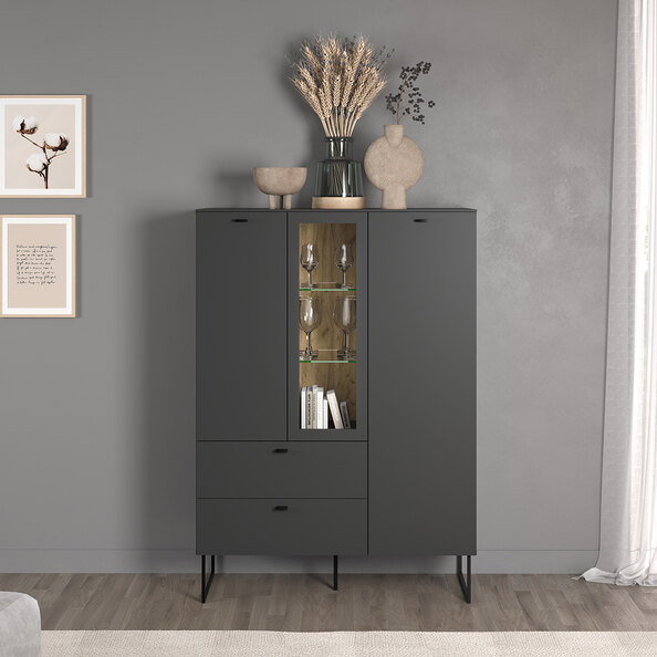 Benvia Wooden Highboard with 2 Doors 2 Drawers in Anthracite and Evoke Oak