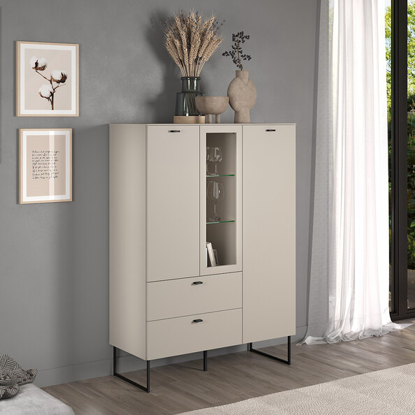 Benvia Wooden Highboard with 2 Doors 2 Drawers in Cashmere and Evoke Oak