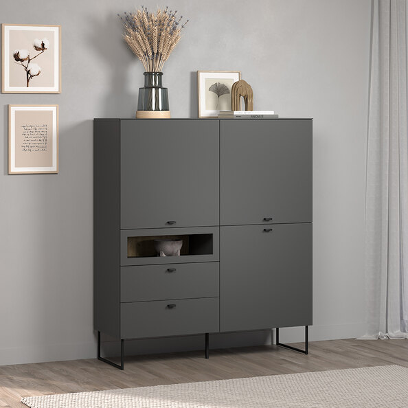 Benvia Wooden Highboard with 3 Doors 2 Drawers in Anthracite and Evoke Oak