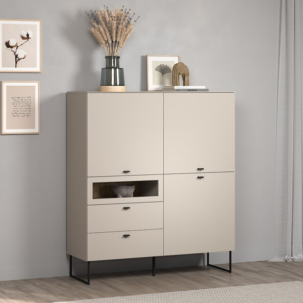 Benvia Wooden Highboard with 3 Doors 2 Drawers in Cashmere and Evoke Oak