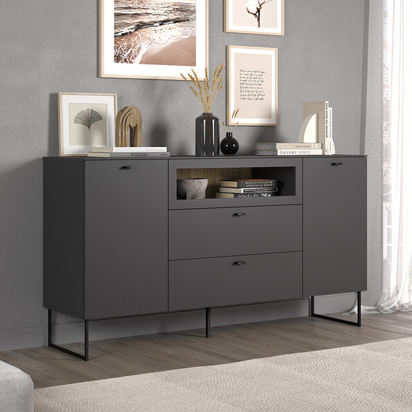 Benvia Wooden Sideboard with 2 Doors 2 Drawers in Anthracite and Evoke Oak