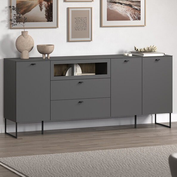 Benvia Wooden Sideboard with 3 Doors 2 Drawers in Anthracite and Evoke Oak