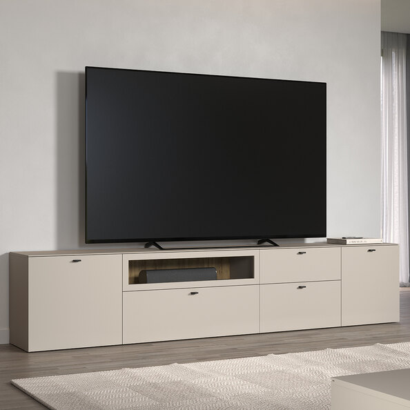 Benvia Wooden TV Stand with 3 Doors in Cashmere and Evoke Oak
