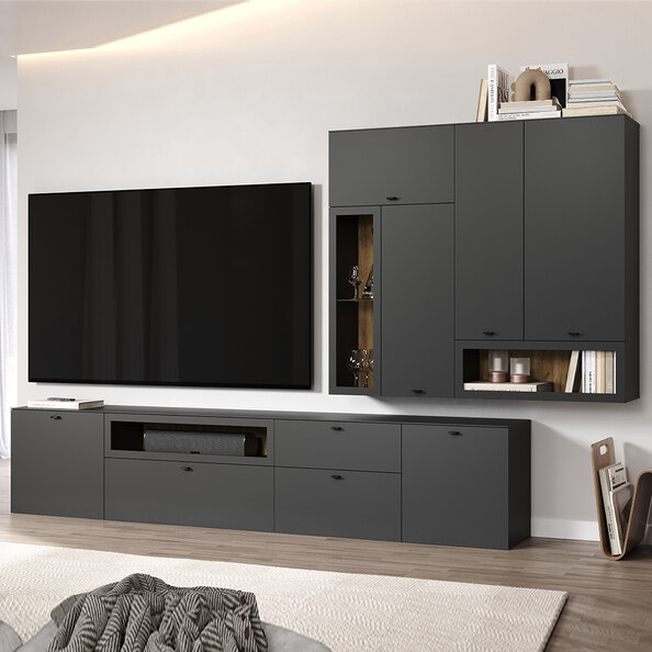 Benvia Wooden TV Stand with Wall Cabinet in Anthracite and Evoke Oak