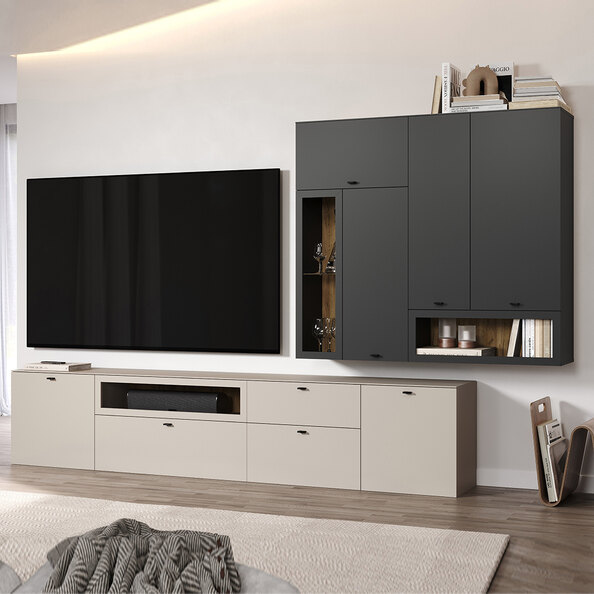 Benvia Wooden TV Stand with Wall Cabinet in Cashmere and Anthracite